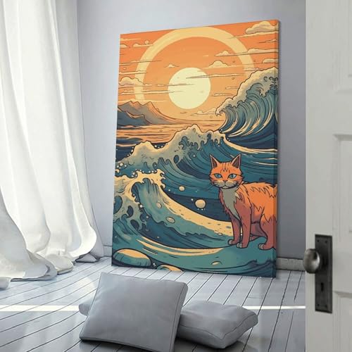 Toile chat anime avec cadre pour masquer un mur vide facilement