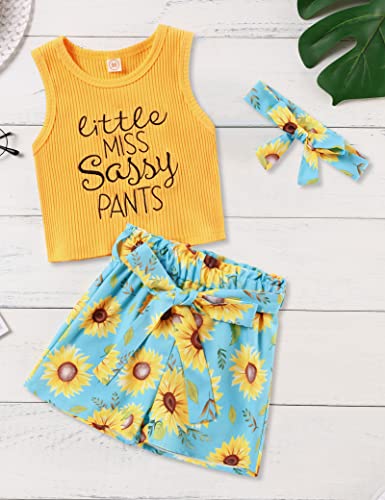 Image of Hipea Toddler Baby Girl Outfits Flower Tops Sleeveless Vest Shorts Headband Summer Clothes Set