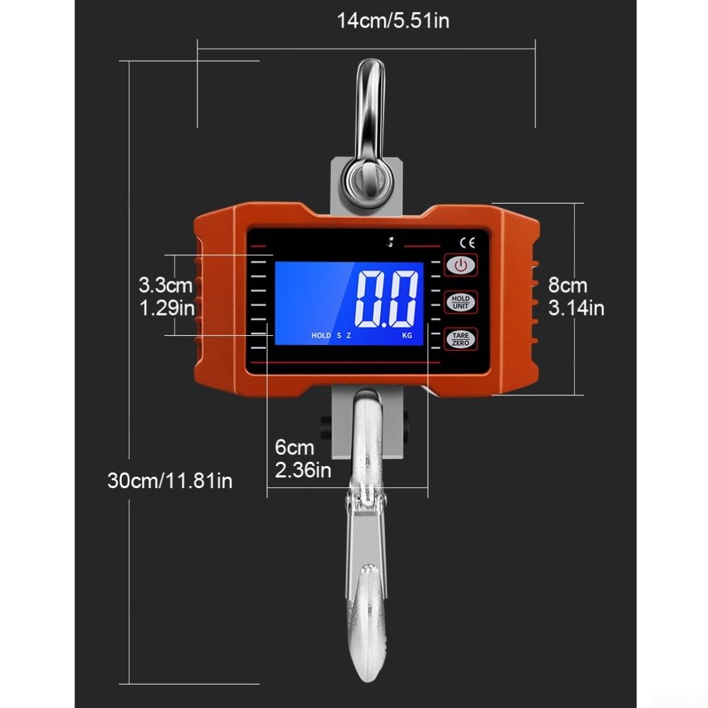 Báscula industrial de grúa de 1000 kg, báscula electrónica de elevación de visión directa, control remoto inalámbrico, color naranja, pesaje alimentado por pilas