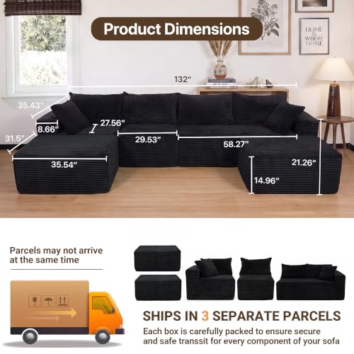 Image of Claiks 132 inch Boneless Couch, U-Shape Corduroy Sectional Sofa, Black