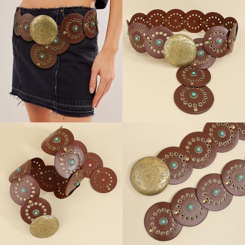 Western Chunky Wide Disc Belt for Women Boho Turquoise Hollow PU Leather Belt for Dresses Jeans with Metal Big Buckle3