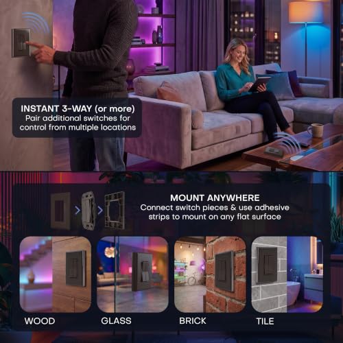 Image of RunLessWire Click for Hue Battery-Free Wireless Smart Switch 3 Pack Brown | Dimmable Kinetic Switch Pairs Natively to Philips Hue Bridge, 4 Programmable Buttons to Control Scenes & Areas, 100ft Range