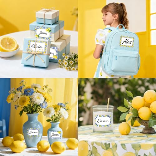 Image of Whaline 180 Pcs Capri Lemon Name Labels Classroom Bulletin Board Label Decals Yellow Lemon Blue Tiles Name Tag Stickers for Spring Summer Office School Desk Wall Decor
