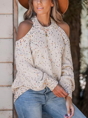 Image of CUPSHE Women's Cold Shoulder Oversized Sweaters Long Sleeve Criss Cross Rainbow Pom Knit Jumper Tops