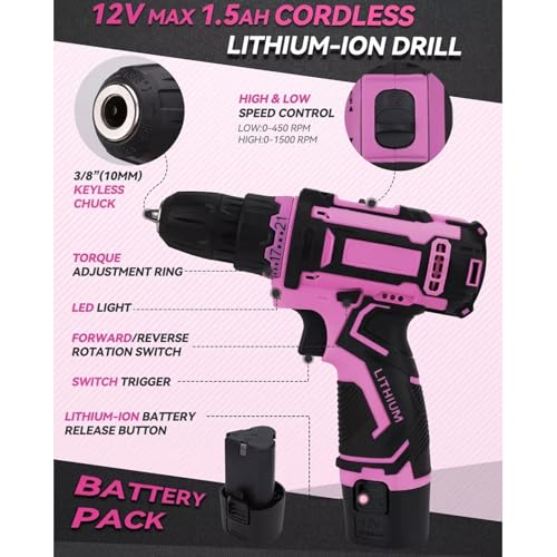 219-Piece Pink Home Tool Kit with 12V Cordless Drill – Complete DIY Repair Set with Durable Toolbox & UK Plug for Home, Office & Craft Projects 3 219-Piece Pink Home Tool Kit with 12V Cordless Drill – Complete DIY Repair Set with Durable Toolbox & UK Plug for Home, Office & Craft Projects - Image 3