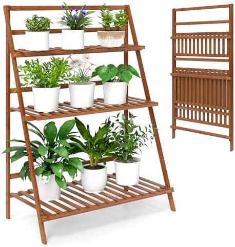 Giantex Folding Bamboo Plant Stand, 3-Tier Flower Pot Rack Displa...