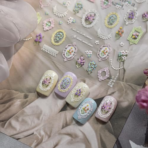 Image of 5D Embossed Vintage Floral Frame Nail Stickers with Lace Accents Self-Adhesive Nail Art Decals for Women Manicure Decorations