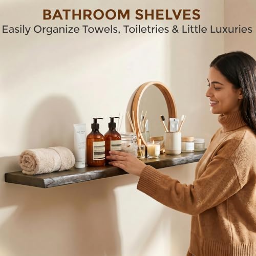 Image of Dreamland 55 Inch Floating Shelves for Wall, Solid Elm Wood Live Edge Wall Shelves for Living Room, Bedroom, Kitchen, Bathroom, Wall Mounted Long Floating Shelf Set of 1, Walnut