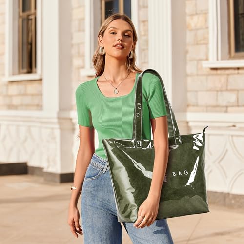 Image of KALIDI PVC Zipper Tote Bag, Jelly Kraft Paper Beach Bag Large Hobo Carry All Travel Shopping Handbag Plastic Shoulder Bag