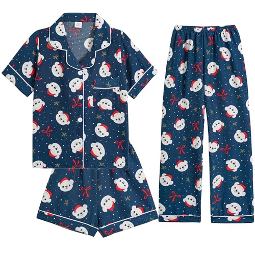 Image of Hupohoi Big Girls Button Down Pajama Set 3pcs Short Sleeve Long Pants with Shorts Crepe Wrinkled Fabric Sleepwear Nighty