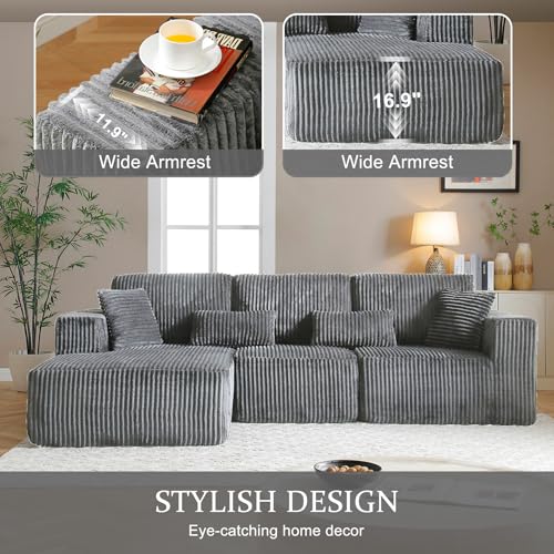 Image of 108 inch Boneless Cloud Sectional Couches for Living Room, Comfy Fluffy L Shaped Memory Foam Deep Seat Boneless Couch, Modular Sectional Sofa with Left Facing Chaise, Dark Grey
