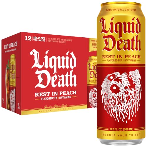 Liquid Death Iced Tea - Rest In Peach (Peach-Flavored Black Tea), Less Sugar*, Boost of Caffeine, B Vitamins, No Artificial Sweeteners, King Size 19.2 Fl Oz (Pack of 12)