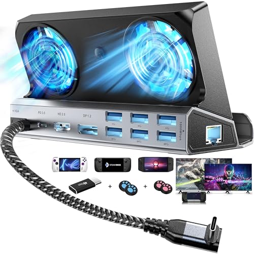 Dual Cooling Fans Multi Monitor 14 in 1 Steam Deck Docking Station with 4K@60 Hz,DP1.2,VGA 1080P 6 USB A,1000Mbps,Type C 100W PD, 40Gbps Adapter for Steam Deck/Rog Ally/Switch/Legion Go