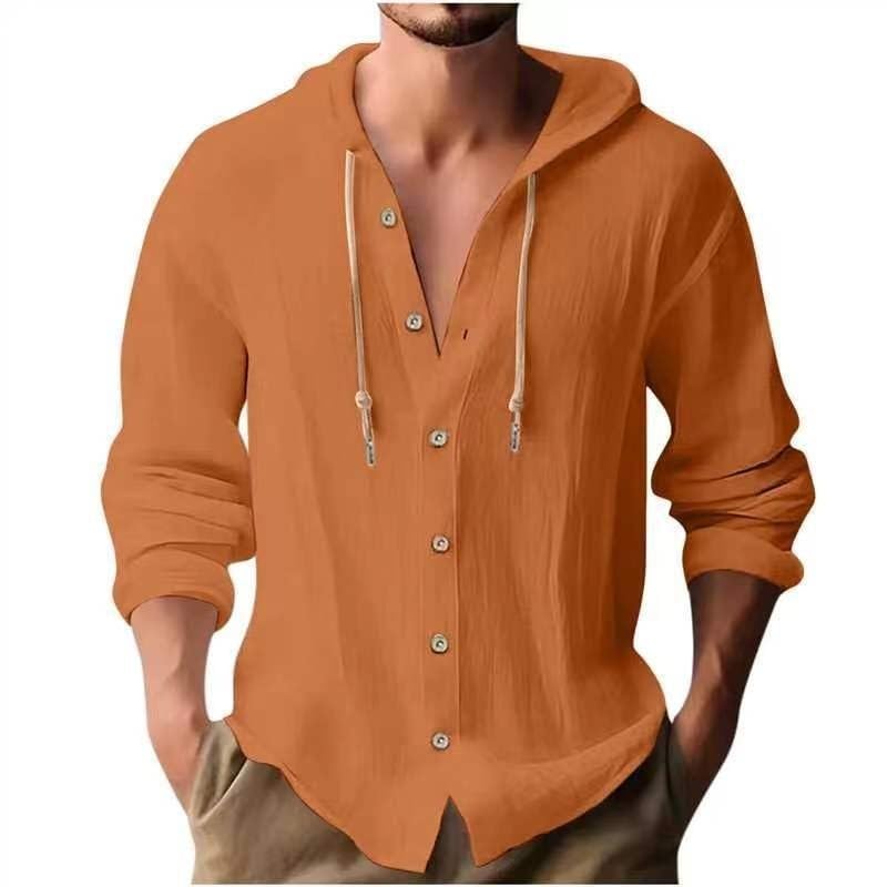 Men's Cotton-Linen Long-Sleeve Button-Down Shirt, Summer Cotton-Linen Hoodie, Long-Sleeve Shirt, Hooded Top