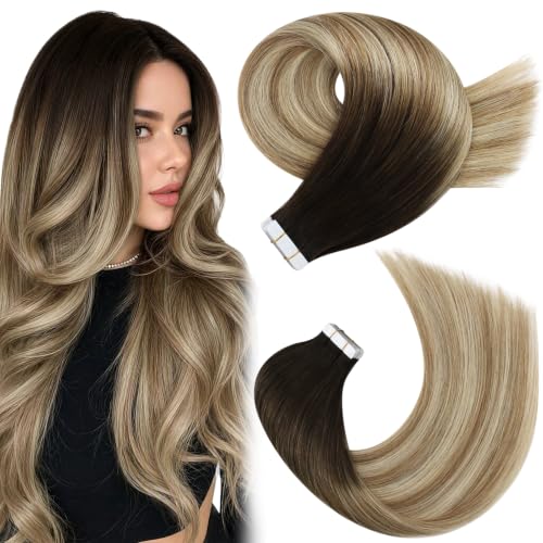 Moresoo Tape in Hair Extensions Human Hair Dark Brown Blonde 18in 20Pcs 50g