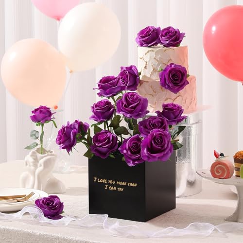 Image of Tifuly 12Pcs Roses Realistic Long Stem Fake Silk Artificial Flowers Purple
