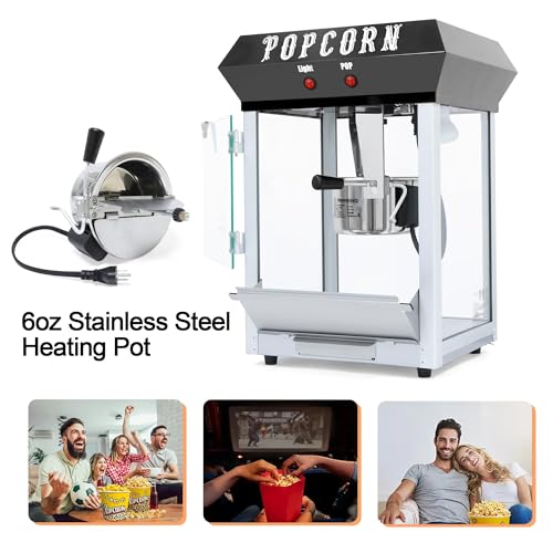 Image of 6 Oz Commercial Popcorn Machine, Kettle, 600 W, Movie Theater Popcorn Machine, Black Tabletop Pop Corn Machine with Stainless-Steel Kettle & Steel Frame Tempered Glass Doors