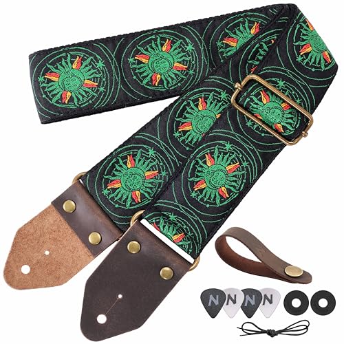 Image of Nefelibata Guitar Strap,Jacquard Embroidery Cotton Guitar Straps with Crazy Horse Leather Ends for Bass, Electric & Acoustic, Best Gifts for Kids, Guitarists(Green Sun Embroidery)
