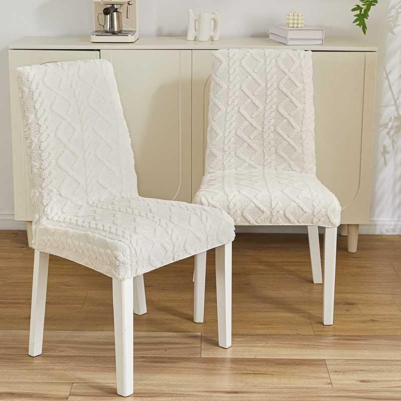 Image of HOMETHREADS Elastic Jacquard Chair Cover-Stretch Fit, Removable & Washable Short Dining Chair Seat Protector - 400gsm Soft & Wrinkle-Resistant Slipcover for Home, Kitchen, Banquet (Cream, Pack of 2)