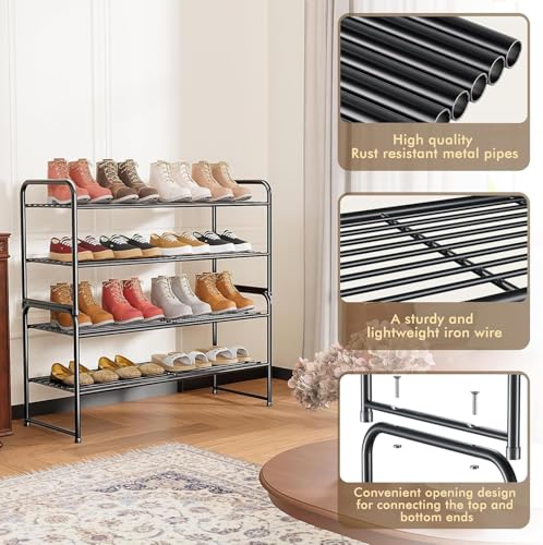 Image of 2 Pack Shoe Rack, 2-Tier Metal Stackable Shoe Shelf Storage Organizer, Heavy Duty Wire Shoe Stand for Entryway, Closet, Hallway, Holds 50 LBS, Black