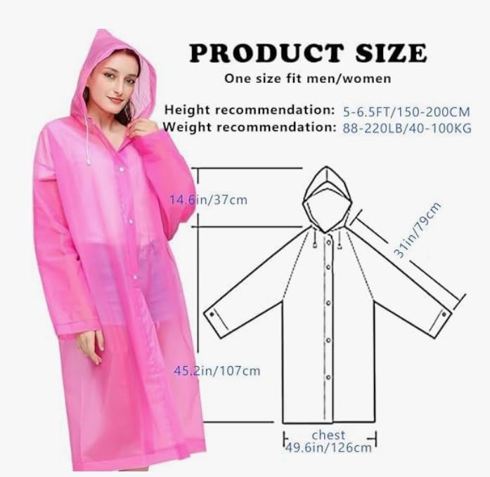 Unisex Raincoat With Hood - Pink (Pack of 1) | Waterproof Rain Poncho | EVA Material | Reusable | Lightweight | Universal Size | PINK Raincoat for Men and Women 3