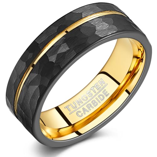 Vakki 8mm Tungsten Rings for Men, Hammered Black Mens Wedding Bands Matte Finish 18K Gold Side Grooved, Promise Engagement Wedding Ring Matte Brushed Comfort Fit Fashion Jewelry, Size 7-12