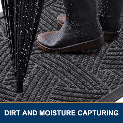 Image of Smiry Front Door Mat Outside Entrance, Heavy Duty Sturdy Natural Rubber Doormat, Trap Dirt and Moisture, Easy Clean Low Profile Mats for Indoor Outdoor Entry, Interwoven Stripes 29.5x17, Grey