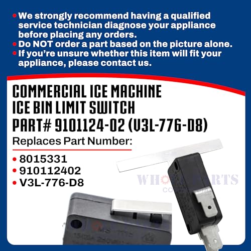 Interrupteur de limite de bac à glace Whole Parts Commercial Ice Machine Part# 9101124-02 (V3L-776-D8) - Remplacement et compatible avec certaines machines à glace Ice-O-Matic