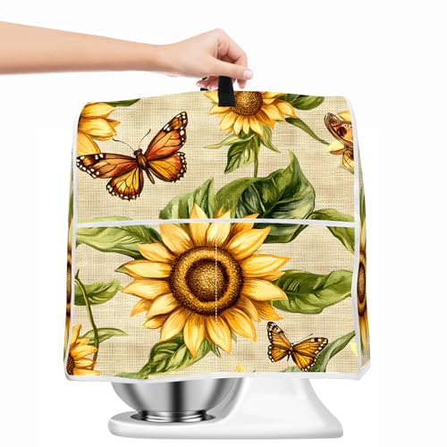 Image of Kitchen Dust Cover Compatible with 4.5 5 6 8 quart Stand Mixer, Kitchen Appliance Protective Covers with Top Handle and Pocket (Sunflower Butterfly, For All 6-8 qt Mixer)