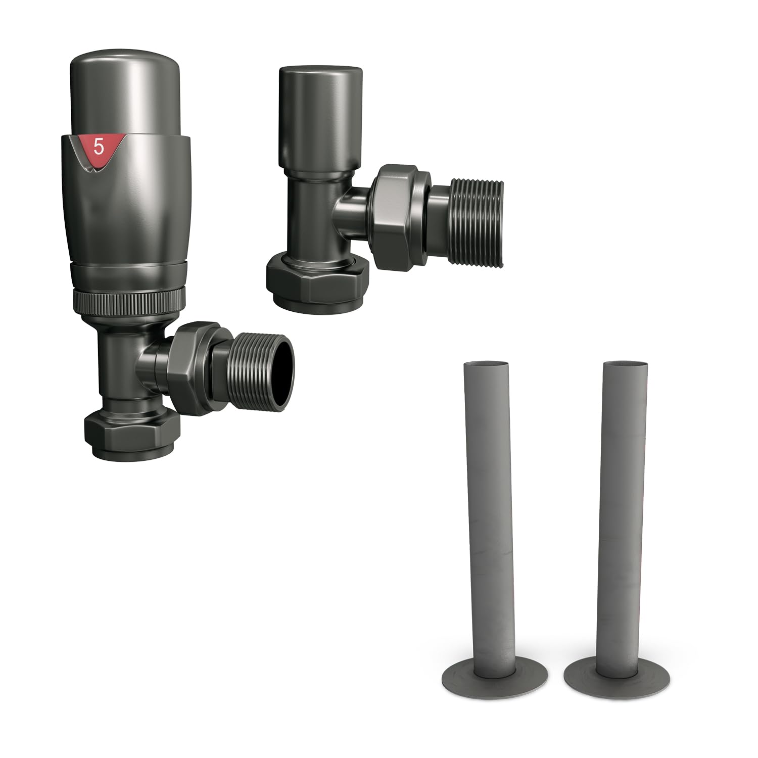 UK Radiators Thermostatic Radiator Valve + 130mm Pipe Sleeves - Energy Saving 1/2" x 15mm Brass Angled Valve - Old Style Pewter Colour