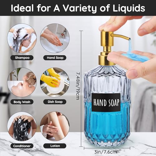 Image of Segbeauty 15.2oz Glass Soap Dispenser Bathroom Bottle, 2pcs Gray Shampoo and Conditioner Dispenser with Labels, 450ml Pump Bottle for Kitchen, Lotion Cream Container with Golden Stainless Steel Pump