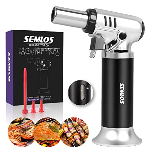 Butane Torch with Fuel Gauge, Semlos Refillable Blow Torches with One-handed Operation, Safety Lock, Adjustable Flame, Fit All Butane Tanks Kitchen Culinary Torch for Cooking, Baking, Creme Brulee