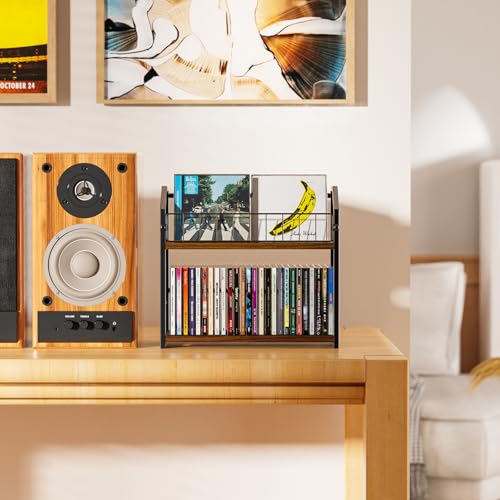 Image of 2-Tier CD Holder, CD Storage Rack for Display, CD Organizer with Rubber Feet, Stores Up to 60 CDs for Shelf Storage and Organization, for Music Enthusiasts and Collector Walnut