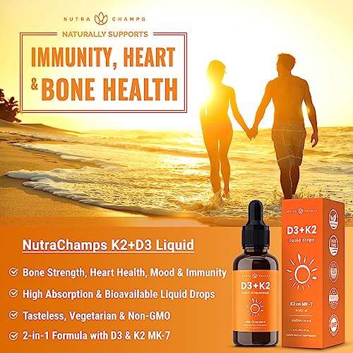 Image of NutraChamps Vitamin D3 K2 Drops, Liquid Vitamin D3 5000 IU & K2 D3 with MK7, Vitamin D Drops for Kids, Bones, Heart & Immune Health, Liquid Vitamin D in MCT Oil for Better Absorption
