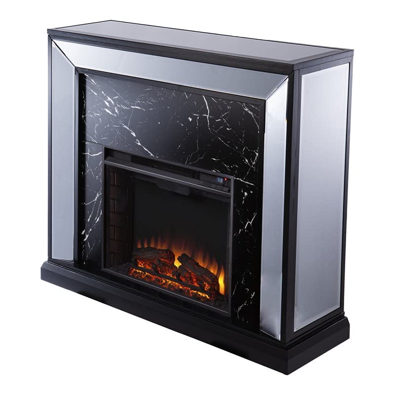 Maklaine Trandling Mirrored Faux Marble Wood Fireplace in Black/Silver