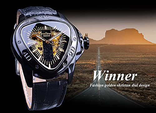 Image of Winner Fashion Mechanical Wrist Watch Triangle Racing Dial, Waterproof Golden Skeleton Dial Automatic Movement Leather Design Mechanical Watch for Men