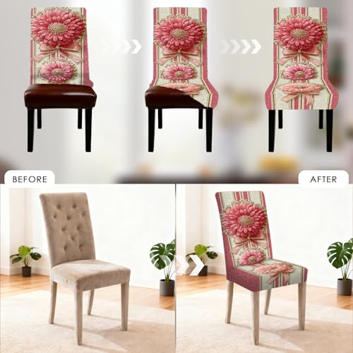 Image of Nuxovilar Pink Floral Ribbon Striped Stretch 23.6x70in 6PCS Covers | Stretch Slipcover Gentle Protector Flower Wrap Seat Guard Dining Room Bedroom Wedding Banquet (Floral Stripe)