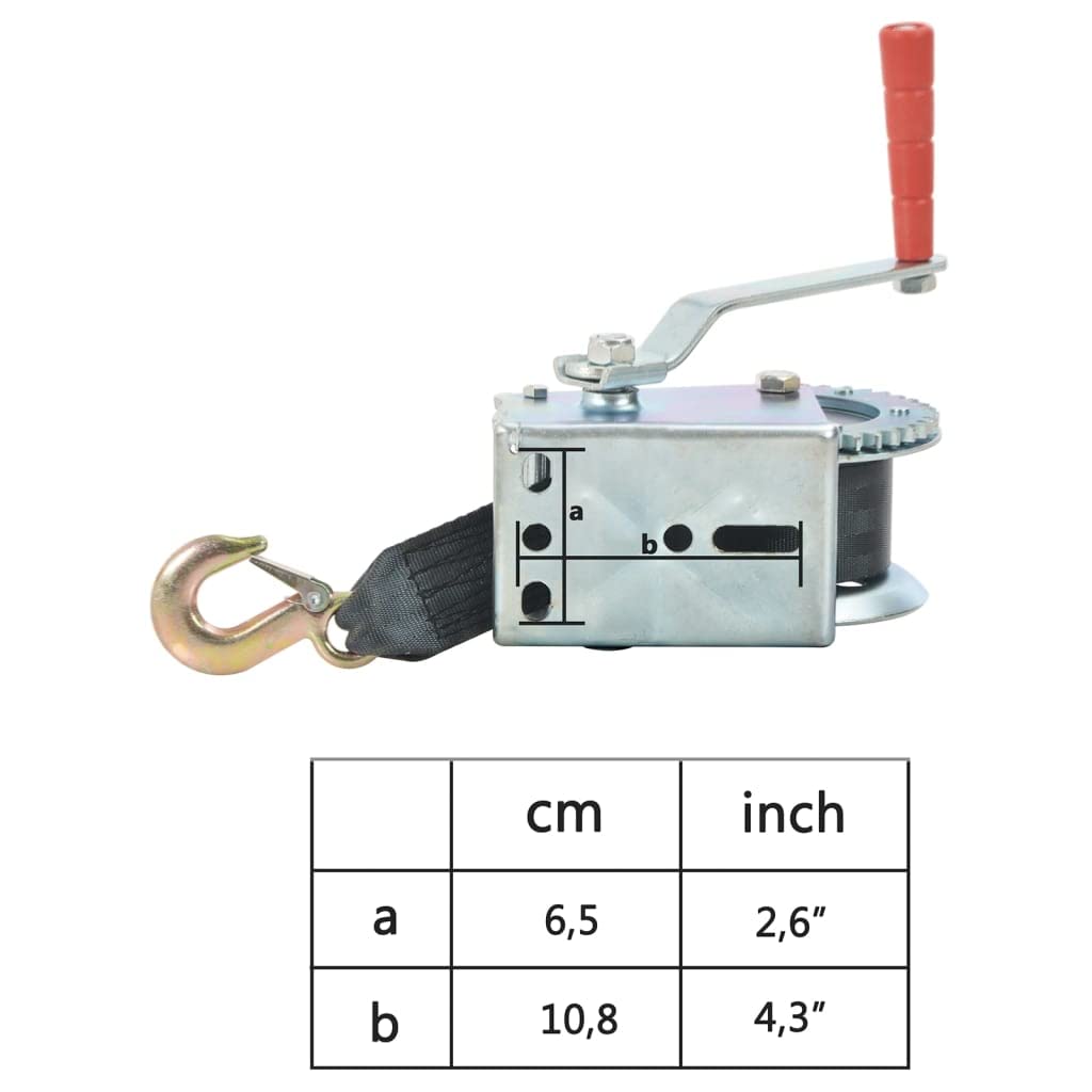 Verricello manuale con cinghia 540 kg, ferro e poliestere, cinghia da 7 m, rapporto 4,1 1, verricello di trazione con gancio di carico per rimorchi, officine, garage e fuoristrada