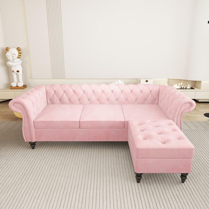 Woodsfreak Luxurious Chester Designer Sofa, Velvet 3 Seater RHS ofa + Ottoman Modern Sofa for Your Loving Space, Bedroom, Living Room, Offices … (Ashrose)-image-16