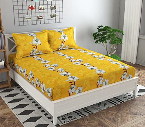 Image of KAWI Elastic Fitted Bedsheet Queen Size Double Bed Cotton Blend (78X72Xup to 6 inches) with 2 Pillow Cover -200 TC - Yellow