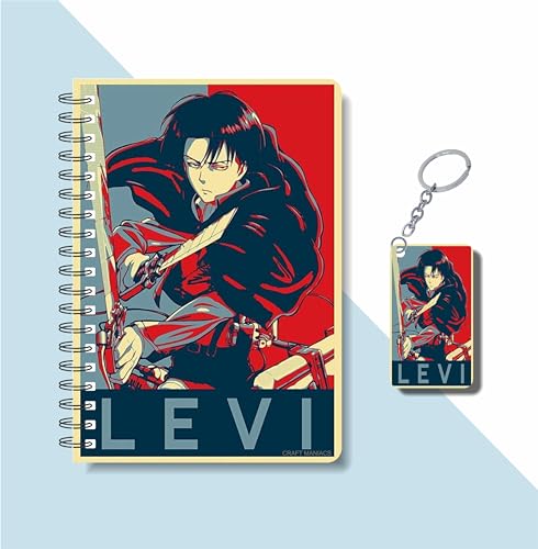 Image of CRAFT MANIACS ATTACK ON TITAN LEVI CLASSIC RED & BLUE PRINTED A5 160 RULED PAGES NOTEBOOK & FREE KEYCHAIN BEST GIFT FOR AOT LOVERS