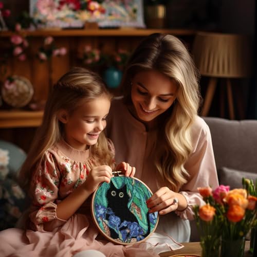 Image of 4 Pack Stamped Cross Stitch Kits with Frame - Black Cat Flower Starry Sky Moon Embroidery Kits for Beginners Adults,11 CT Patterns Dimensions Counted Cross Stitch Kits Arts Craft Kits 7.8 x 7.8 inch