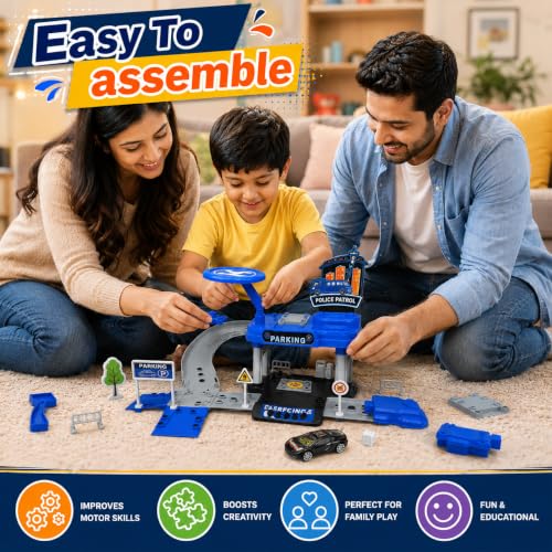 Image of WISHKEY Car Launcher Toys for Kids Parking Lot Toy for Kids 3+ Years, DIY Engineering Garage Playset with Die-Cast Car, Building Track, Launcher, Pretend Play Activity, Birthday Gift for Boys Blue