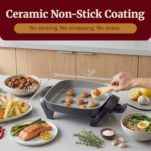 Image of Elite Gourmet 12 inchx12 inchx2.15 inch Ceralast PFAS Free Ceramic Electric Skillet, Dishwasher Safe, Rapid Heat Up, 1200W, Dark Grey