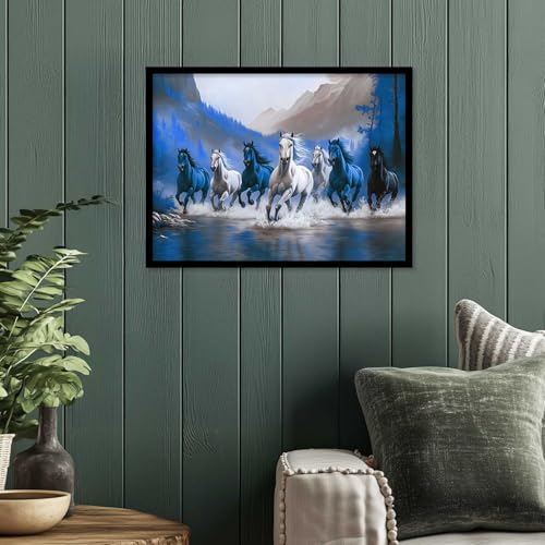 Image of HOTHOUSE Seven Running Vastu Lucky Horse and Rising Sun Painting | 7 Horses Vastu Frame Wall Art Painting for Living Room Bedroom Office Home Decor Wall Decor Size (19X25 inch)