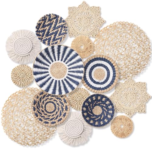 Anglechic 15 Pcs Boho Wall Basket Decor Woven Rattan Seagrass Wall Decor Hanging Rustic...