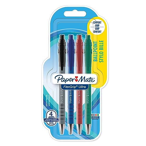 Paper Mate 2027736 FlexGrip Ultra, Bolígrafos retráctiles, Punta mediana, Paquete de 4, Colores surtidos