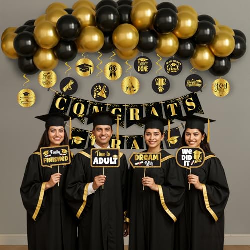 Image of Party Propz Graduation Decoration Kit - 76 Pcs Black Gold Graduation Decoration With Balloons and Banner | College Decor Graduations Items | (Latex)
