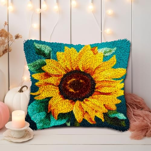 Image of A Sunflower DIY Latch Hook Pillow Kits for Adults Printed Pillowcase Crochet Yarns Hooking Handmade Pillow Cover Cushion for Home Sofa Decoration 17x17inch
