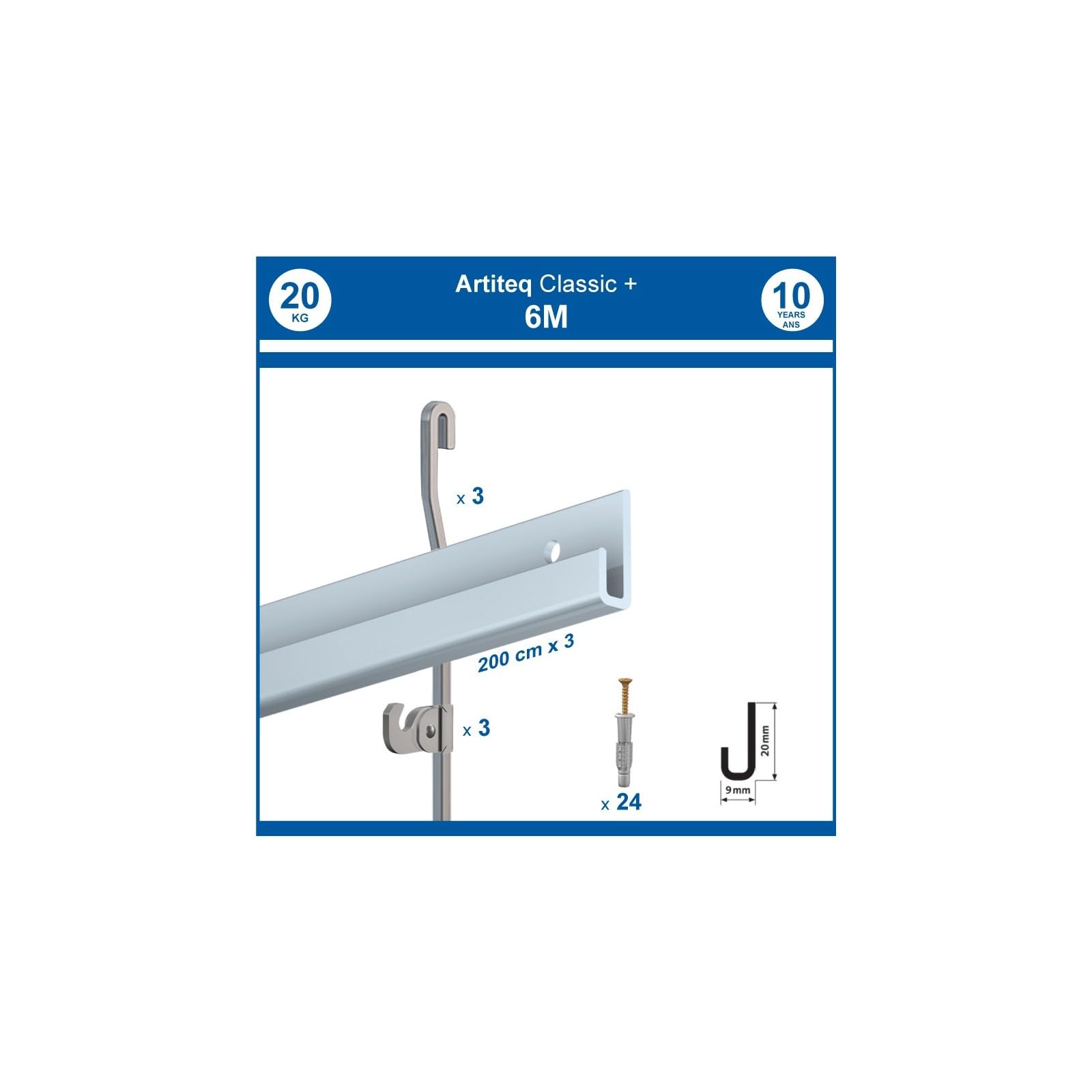 Arti Teq - Pack 6 mètres cimaise Classic + Gallery couleur Aluminium - Solution d'accrochage pour décoration murale lourde - Argent